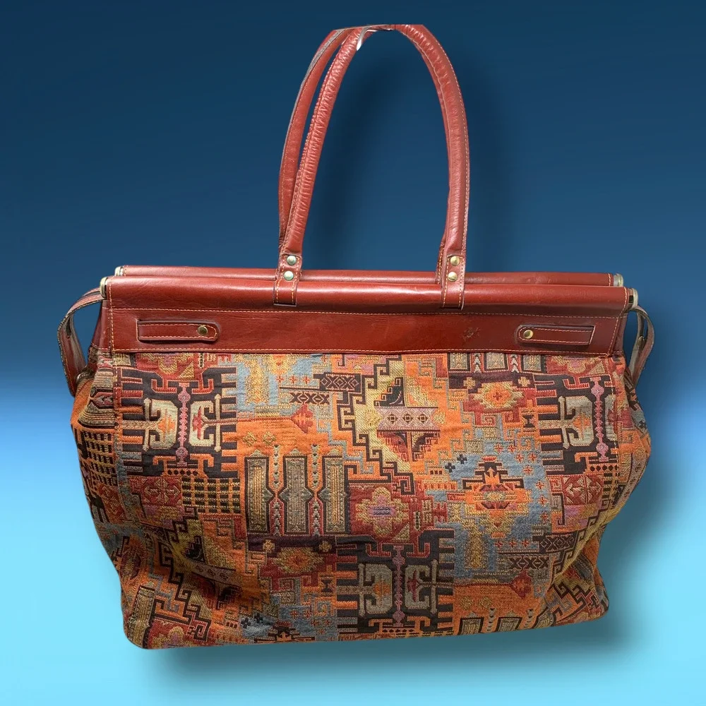 Vintage Southwestern Tapestry Carpet Bag Leather Trim Weekender Tote Satchel